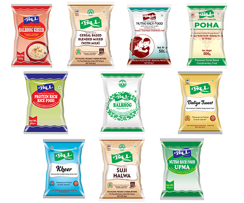 Ten RUL and Balbhog food packs including Balbhog Kheer, Poha, Protein Rich Rice Food, Kheer, Suji Halwa and Nutro Rich Food Upma
