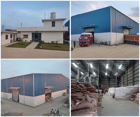 Four views of the food manufacturing facility: administrative building, plant shed with a loaded truck, side elevation and storage hall interior