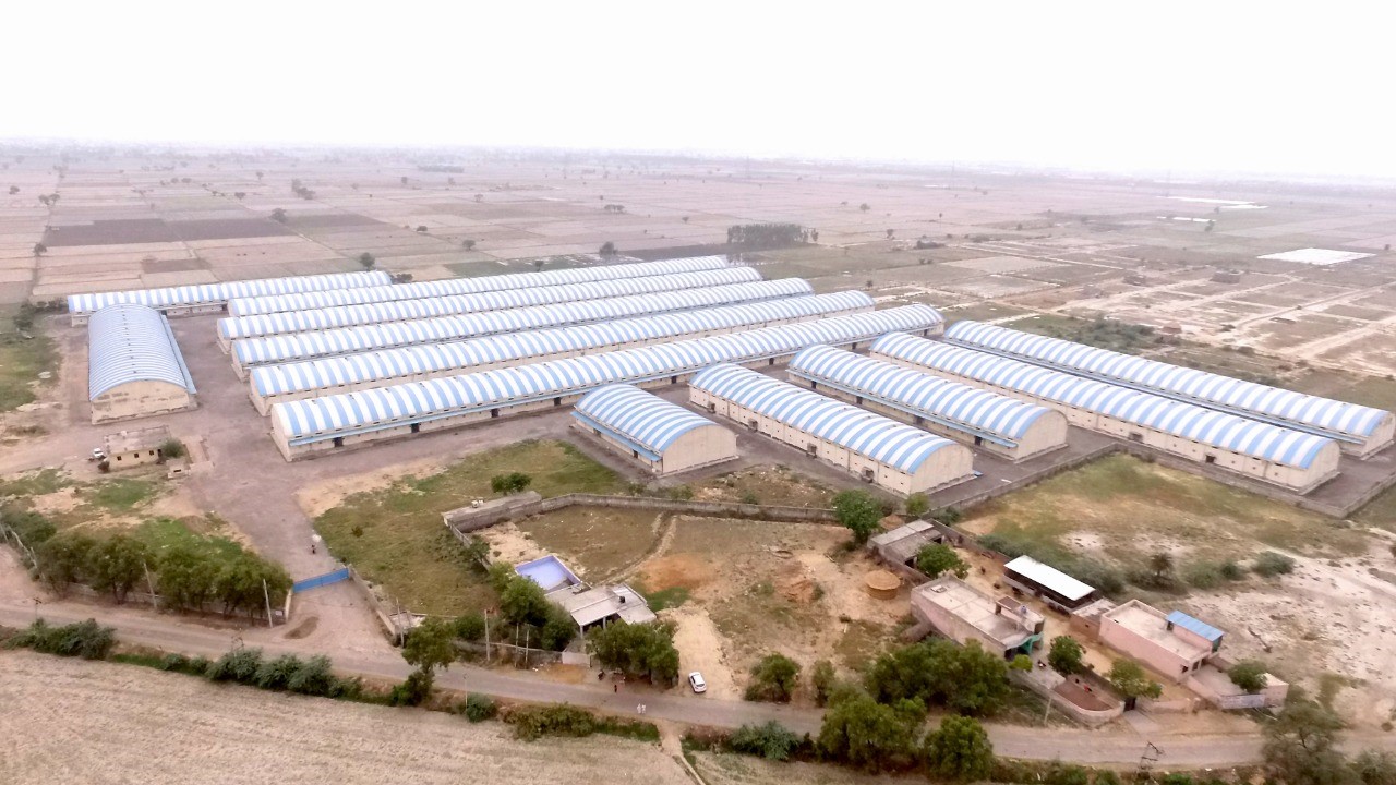 Aerial view of the grain-storage warehouse complex in Haryana