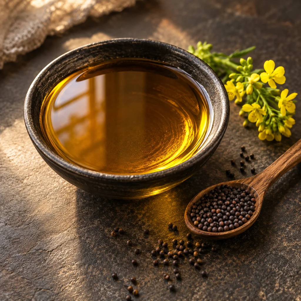 Clear golden mustard oil in a ceramic bowl beside mustard seeds and yellow flowers